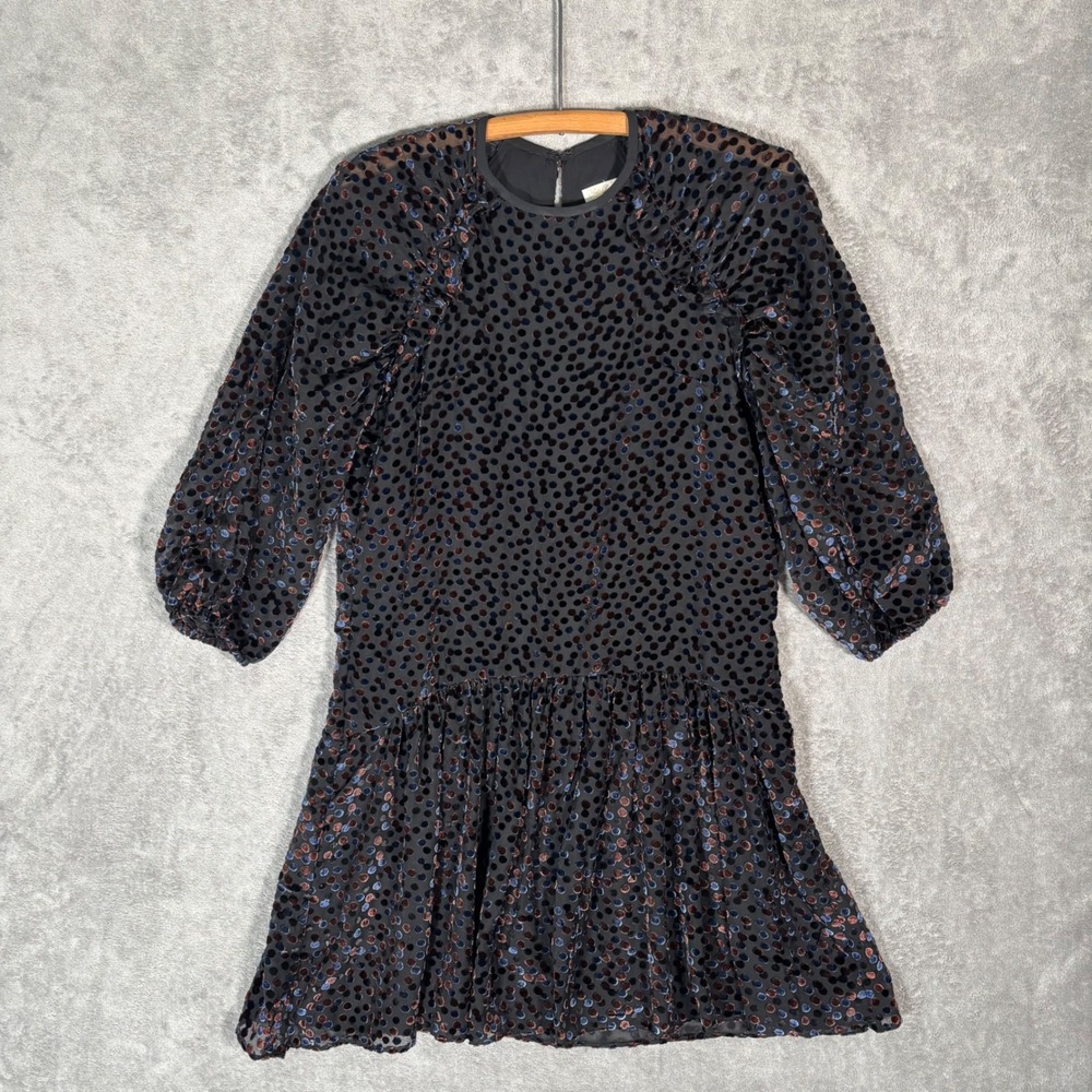 Shoshanna Black Velvet Burnout Polka Dot Ruffle Drop‎ Waist Mini Dress Size 2